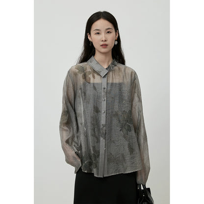 Chemise originale en jacquard chinois littéraire CAREMIND, haut gris de haute qualité avec protection solaire transparente