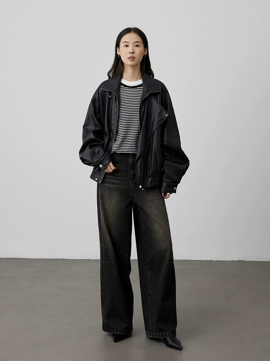 [Tiger Eye Black Denim] CAREMIND Black Coffee Retro Washed Straight Pants Women's 2024 Winter Loose Wide Leg Pants