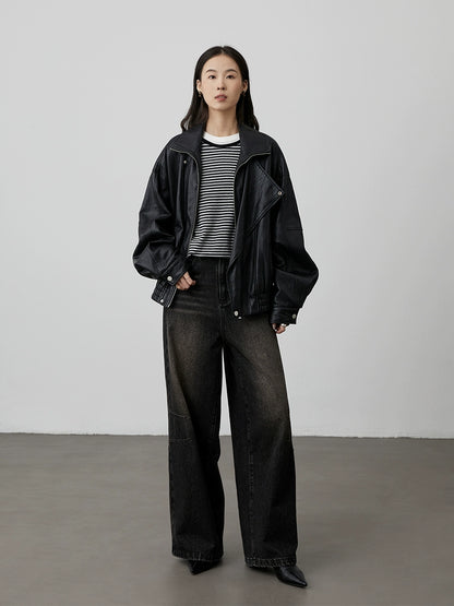 [Tiger Eye Black Denim] CAREMIND Black Coffee Retro Washed Straight Pants Women's 2024 Winter Loose Wide Leg Pants