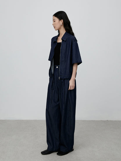 CAREMIND - Polo de mezclilla retro azul oscuro, camisa de manga corta, pantalones vaqueros de pierna ancha para mujer 