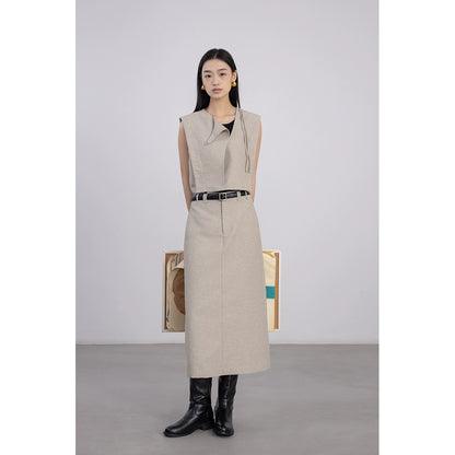 [Oferta por tiempo limitado] Conjunto de chaleco sin mangas color caqui claro + falda de cintura alta y corte en A fino 