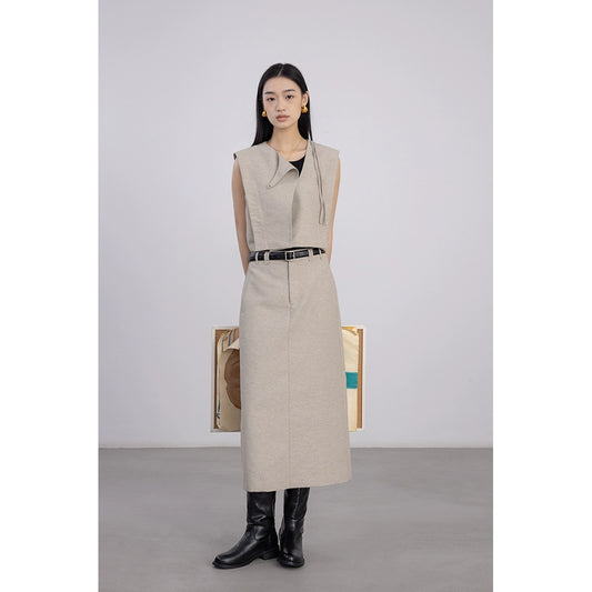 [Oferta por tiempo limitado] Conjunto de chaleco sin mangas color caqui claro + falda de cintura alta y corte en A fino 