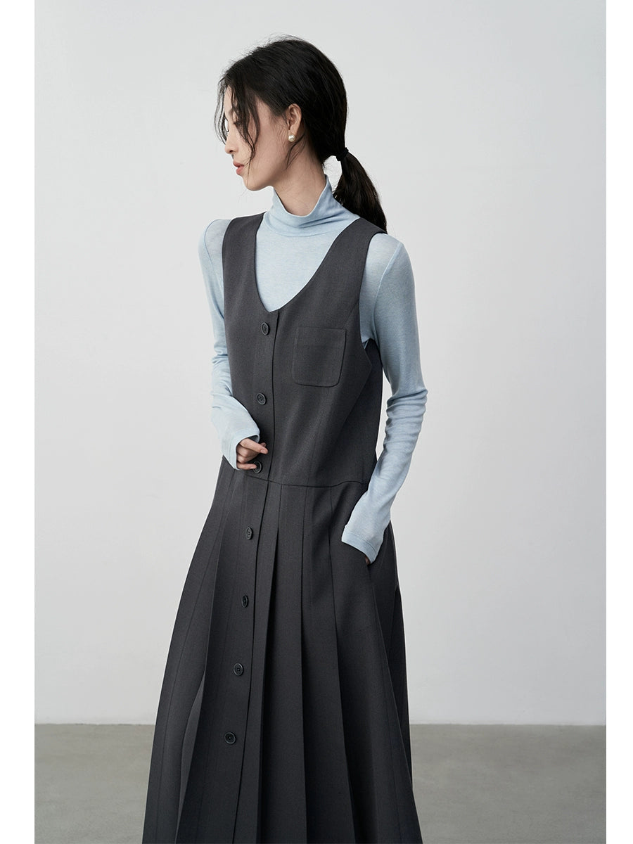 [Oferta especial por tiempo limitado] Vestido plisado con diseño de chaleco apilado versátil y falda larga con cuello en U sin mangas 