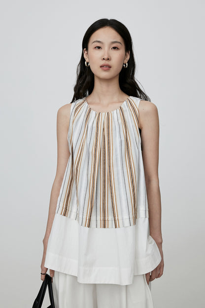 CAREMIND Versión coreana de chaleco suelto sin mangas a rayas de color a juego, top con tirantes para vacaciones de verano 