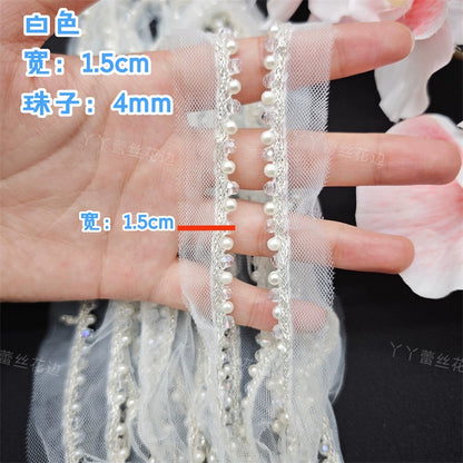 Cinta de encaje con diamantes de imitación de perlas de 1,5 cm de ancho, ideal para hacer puños, escotes, vestidos de novia, correas de hombro, accesorios para el cabello y sombreros.