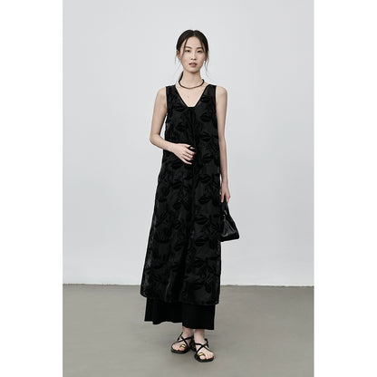 CAREMIND Vestido tipo chaleco sin mangas con relieve fino, blusa exterior holgada con tirantes apilados para mujer 