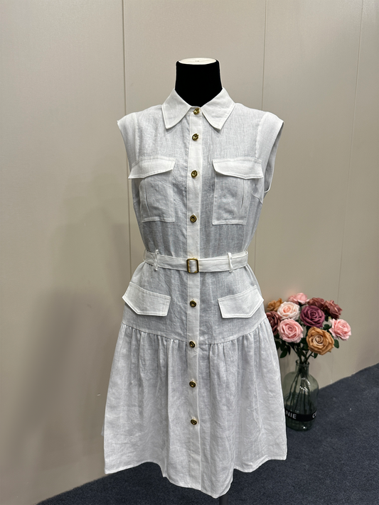 8019★  Kochi old money wind shirt skirt lapel high waist thin sleeveless pure linen dress women 25 summer