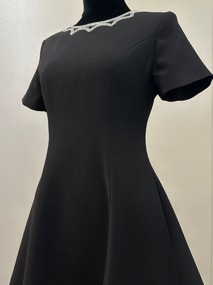 8023★  25 Summer French high-end neckline handmade sequin design high waist thin short-sleeved dress women
