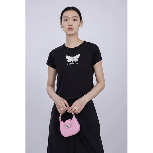 [Oferta especial por tiempo limitado] CAREMIND Camiseta ajustada de cuello redondo de manga corta para mujer, en blanco y negro, sencilla, transpirable, corta para mujer 