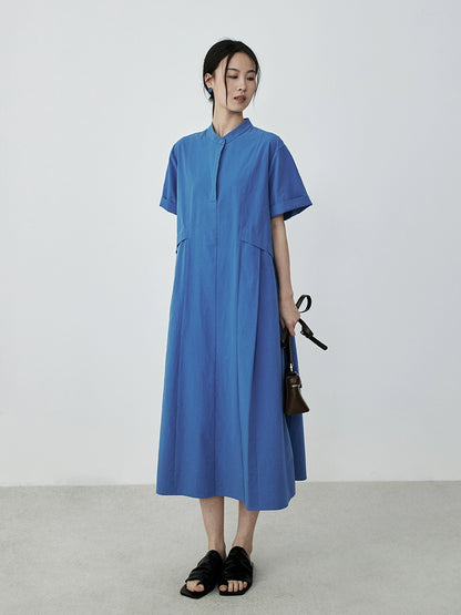 [Bruce Blue] CAREMIND Vestido de viajero diario azul Camisa de algodón puro Falda que cubre las caderas Falda ajustada media y larga 