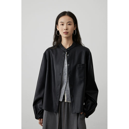 [Camisa de cerámica negra] Chaqueta de cuero negra de moda para viajeros CAREMIND, chaqueta retro corta con cuello alto pequeño 