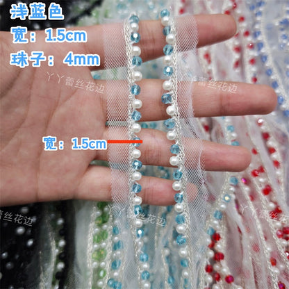 Cinta de encaje con diamantes de imitación de perlas de 1,5 cm de ancho, ideal para hacer puños, escotes, vestidos de novia, correas de hombro, accesorios para el cabello y sombreros.