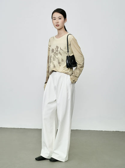 CAREMIND2024 nueva camiseta de manga larga con pintura de tinta de albaricoque amarillo de otoño, top de malla manchado 