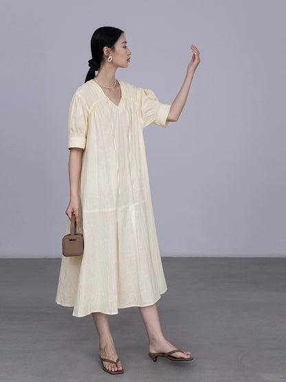 CAREMIND Vestido con escote en V y cordones con temperamento de sal Vestido largo y mediano que cubre la carne y reduce la edad 