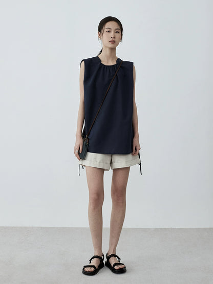 Chaleco de algodón y lino azul marino sin mangas con cordón de CAREMIND, diseño de ropa exterior, chaleco para mujer 