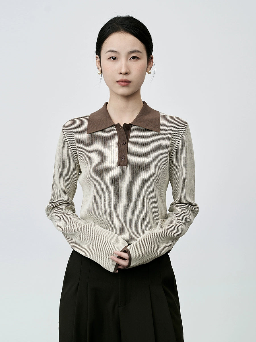 Suéter de punto tipo polo pequeño francés de alta costura CAREMIND con solapa en el hombro delantero en contraste 