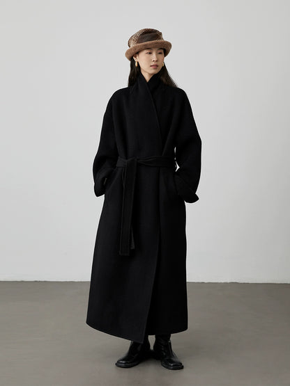 [Chelsea Hotel] Abrigo de lana pura con cuello de fruta verde CAREMIND, abrigo de silueta larga negro para mujer 