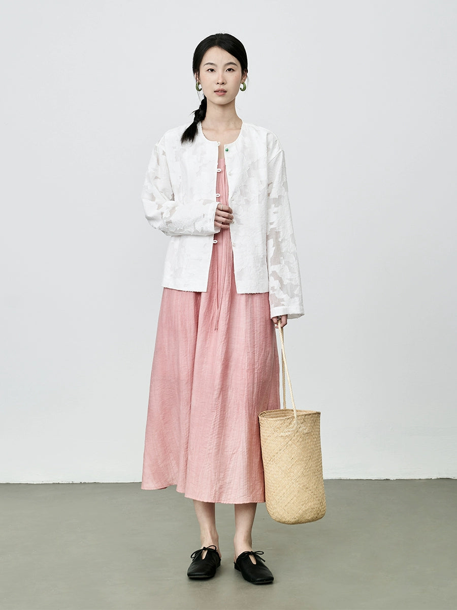 [Jacquard en relieve] Nueva camisa china de protección solar CAREMIND Chaqueta ligera de cuello redondo blanca Xiaoxiangfeng Top Otoño 