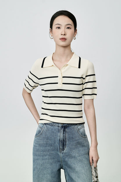 Camiseta tipo polo de rayas retro a juego de colores de CAREMIND, camiseta de manga corta de punto pequeña y ajustada para mujer 