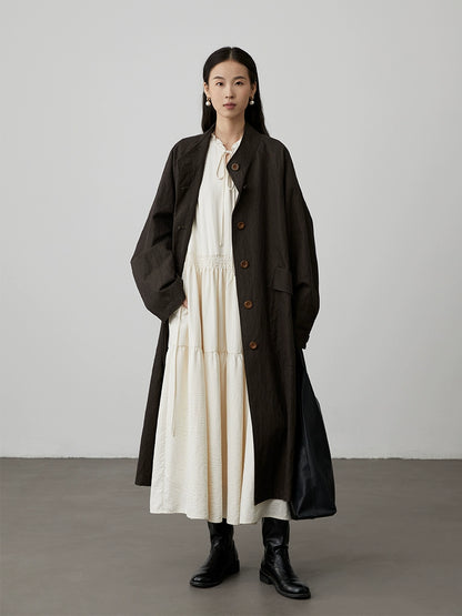 [St. Petersburg] CAREMIND beige and elegant long-sleeved dress with wooden ear edge v-neck autumn and winter versatile long dress