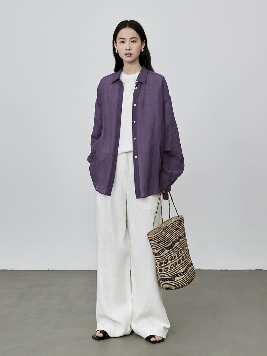 Camisa informal de tencel de ramio súper blanca y morada de CAREMIND, nueva camisa de protección solar versátil para otoño, camisa para viajeros 