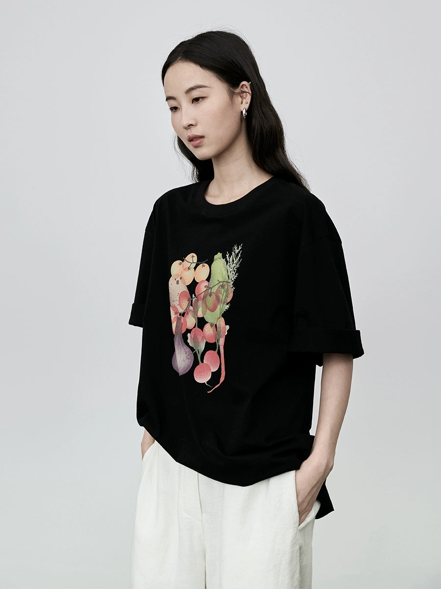 CAREMIND Camiseta con estampado divertido de frutas y verduras de estilo japonés, sencilla, literaria y fresca, de algodón, de manga corta 