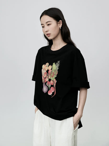 CAREMIND Camiseta con estampado divertido de frutas y verduras de estilo japonés, sencilla, literaria y fresca, de algodón, de manga corta 