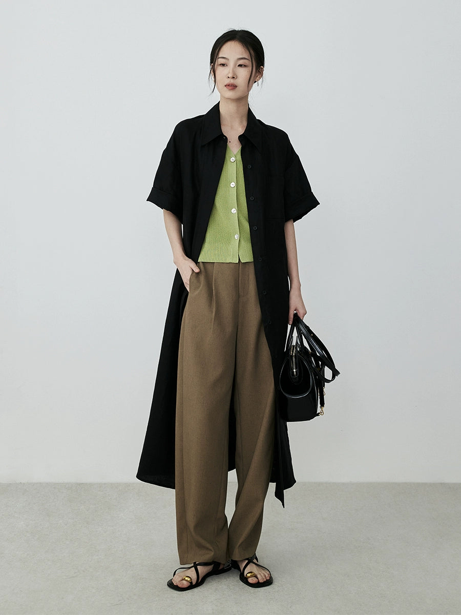 CAREMIND falda de camisa de lino minimalista negra temperamento falda larga de viajero abrigo fino top mujer 