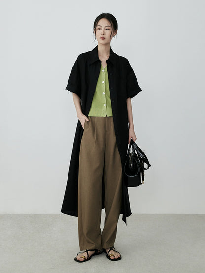 CAREMIND falda de camisa de lino minimalista negra temperamento falda larga de viajero abrigo fino top mujer 