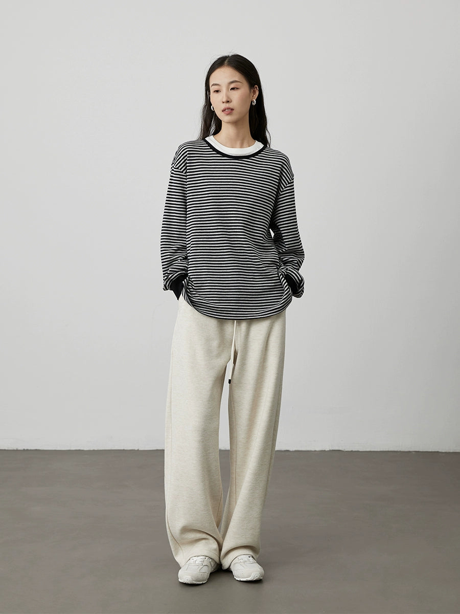 [TOMBOY sea soul shirt] CAREMIND black and gray striped long-sleeved top loose shoulder versatile bottoming shirt