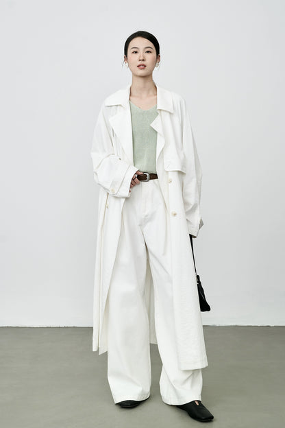 CAREMIND Gabardina blanca ligera y texturizada para mujer, abrigo largo informal de temperamento francés para otoño 