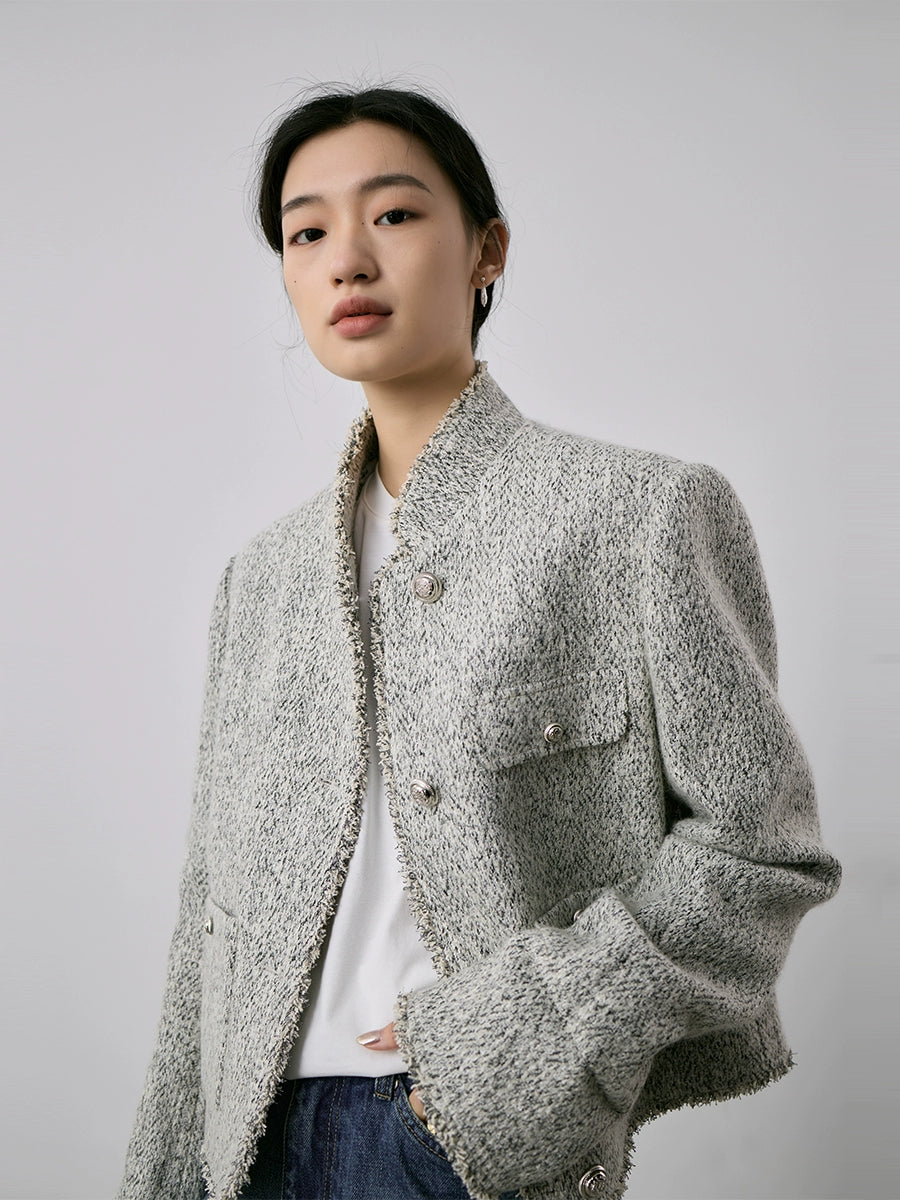 [Special price] Gray texture small fragrant coat women's short exquisite stand-up neck cardigan top autumn and winter new