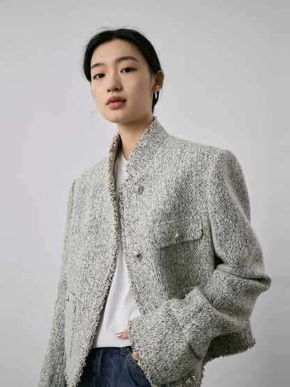 [Special price] Gray texture small fragrant coat women's short exquisite stand-up neck cardigan top autumn and winter new