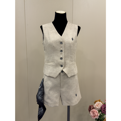 8026★  Lao Qian Fengyuan linen V-neck vest set femininity relaxation with silk scarf shorts two-piece set