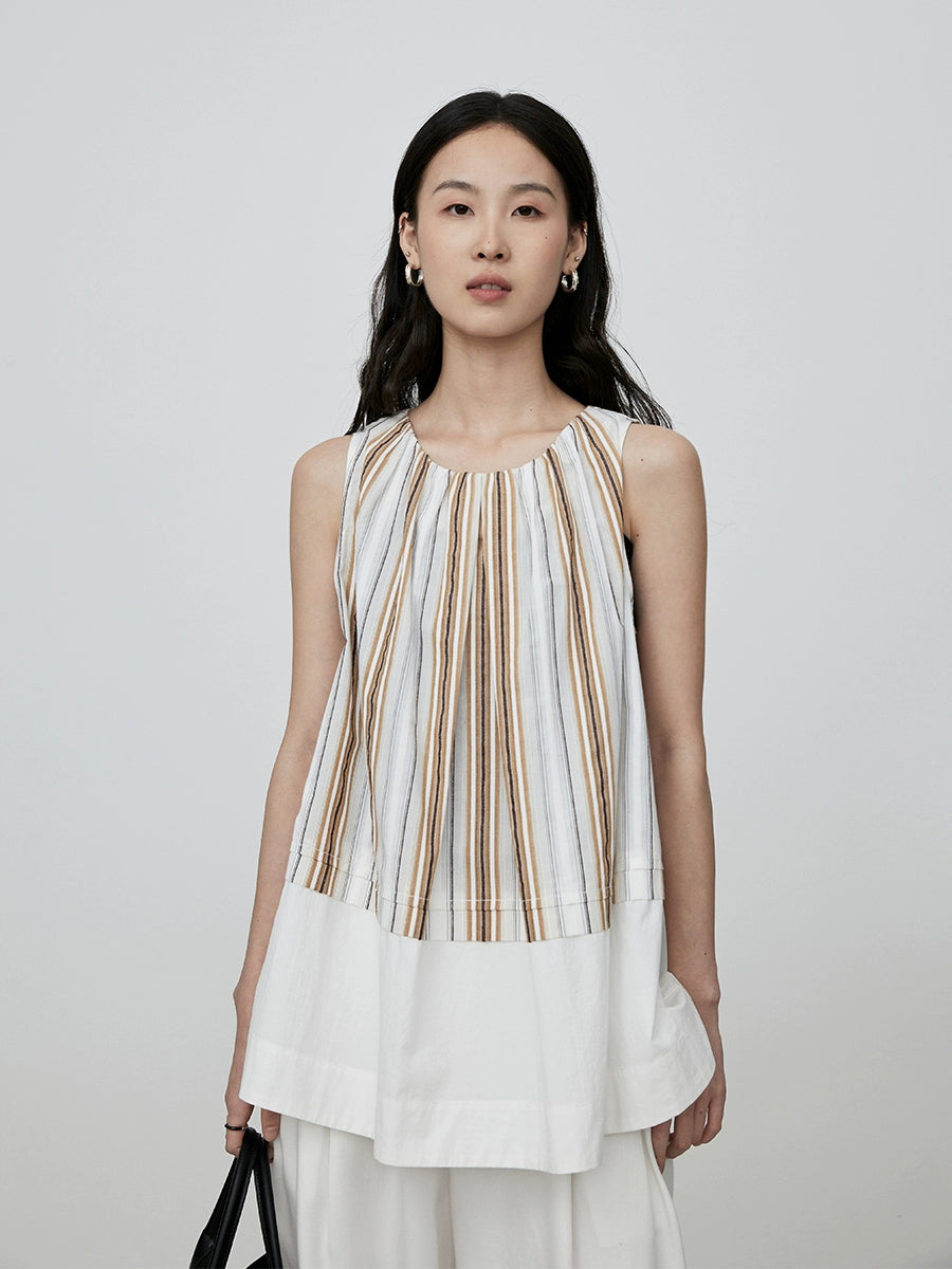 CAREMIND Versión coreana de chaleco suelto sin mangas a rayas de color a juego, top con tirantes para vacaciones de verano 