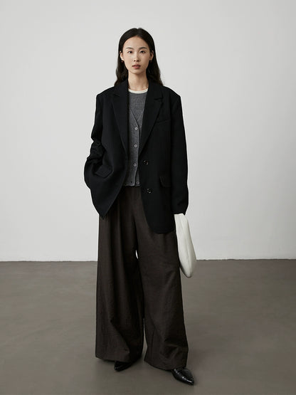 [Shu Nuan Wool] CAREMIND Simple Worsted 100% Wool Set Crew Neck Vest Cardigan Two-piece Set Autumn