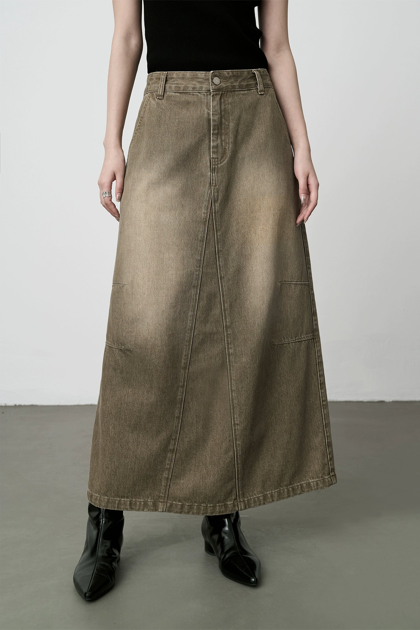 Falda vaquera antigua retro americana CAREMIND 2024, cintura alta, palabra A, falda larga de algodón con abertura 