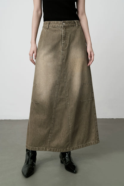 Falda vaquera antigua retro americana CAREMIND 2024, cintura alta, palabra A, falda larga de algodón con abertura 