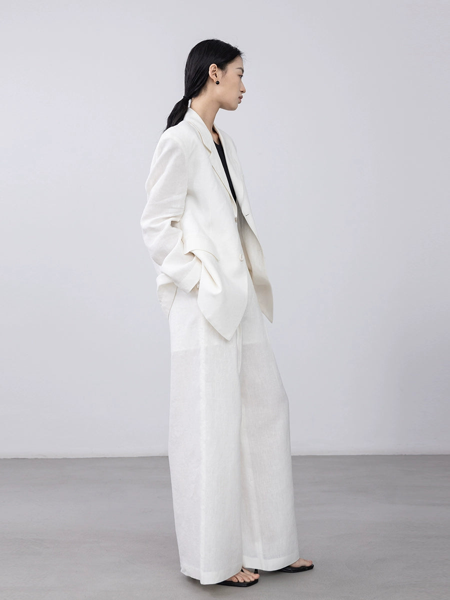 [Oferta por tiempo limitado] Pantalones rectos blancos de lino puro CAREMIND Pantalones casuales versátiles de cintura alta y pierna ancha 