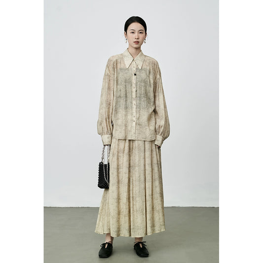 Conjunto chino nuevo CAREMIND 2024, conjunto de dos piezas con camisa y falda plisada con estampado de bambú retro 