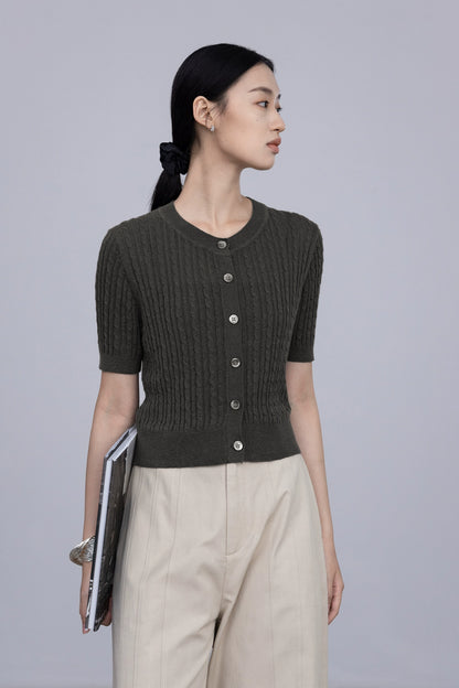 [Special Price] Two-color ramie knitted single-breasted cardigan top shows temperament elastic crew neck short sleeves