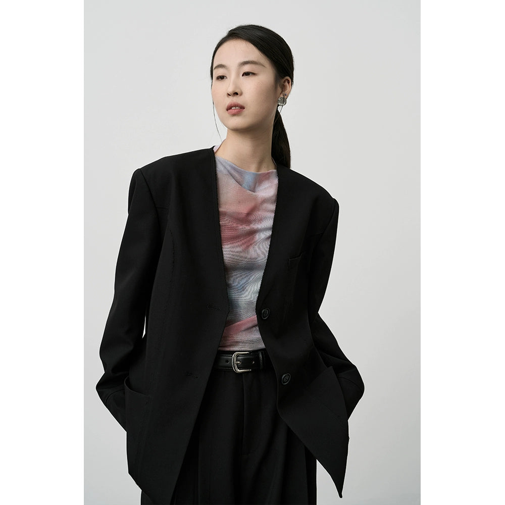 Traje de café gris temperamento CAREMIND, blazer minimalista sin cuello, pantalones rectos colgantes 