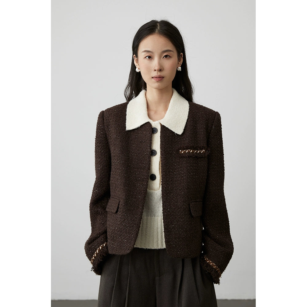 [Ebony streamer] Chaqueta corta tejida sin cuello de color marrón café de primera calidad para otoño e invierno de CAREMIND, temperamento, top pequeño y fragante 