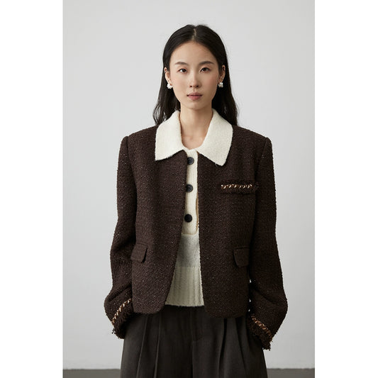 [Ebony streamer] Chaqueta corta tejida sin cuello de color marrón café de primera calidad para otoño e invierno de CAREMIND, temperamento, top pequeño y fragante 