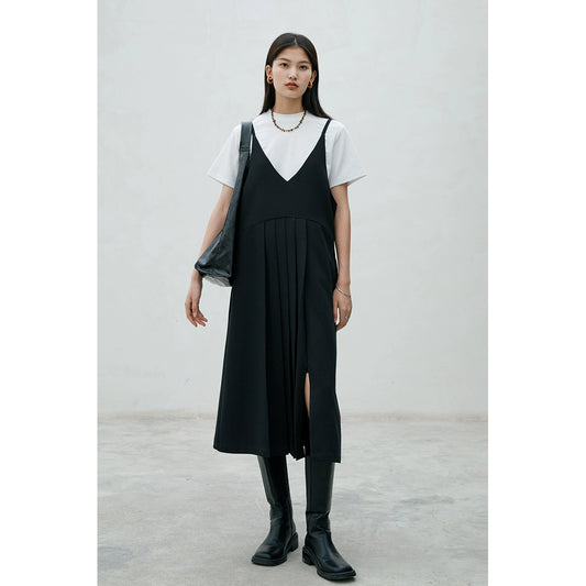 [Oferta especial por tiempo limitado] Vestido suelto sin mangas apilado para mujer, plisado, artesanal, con tirantes, falda mediana y larga, chaleco con cuello en V 