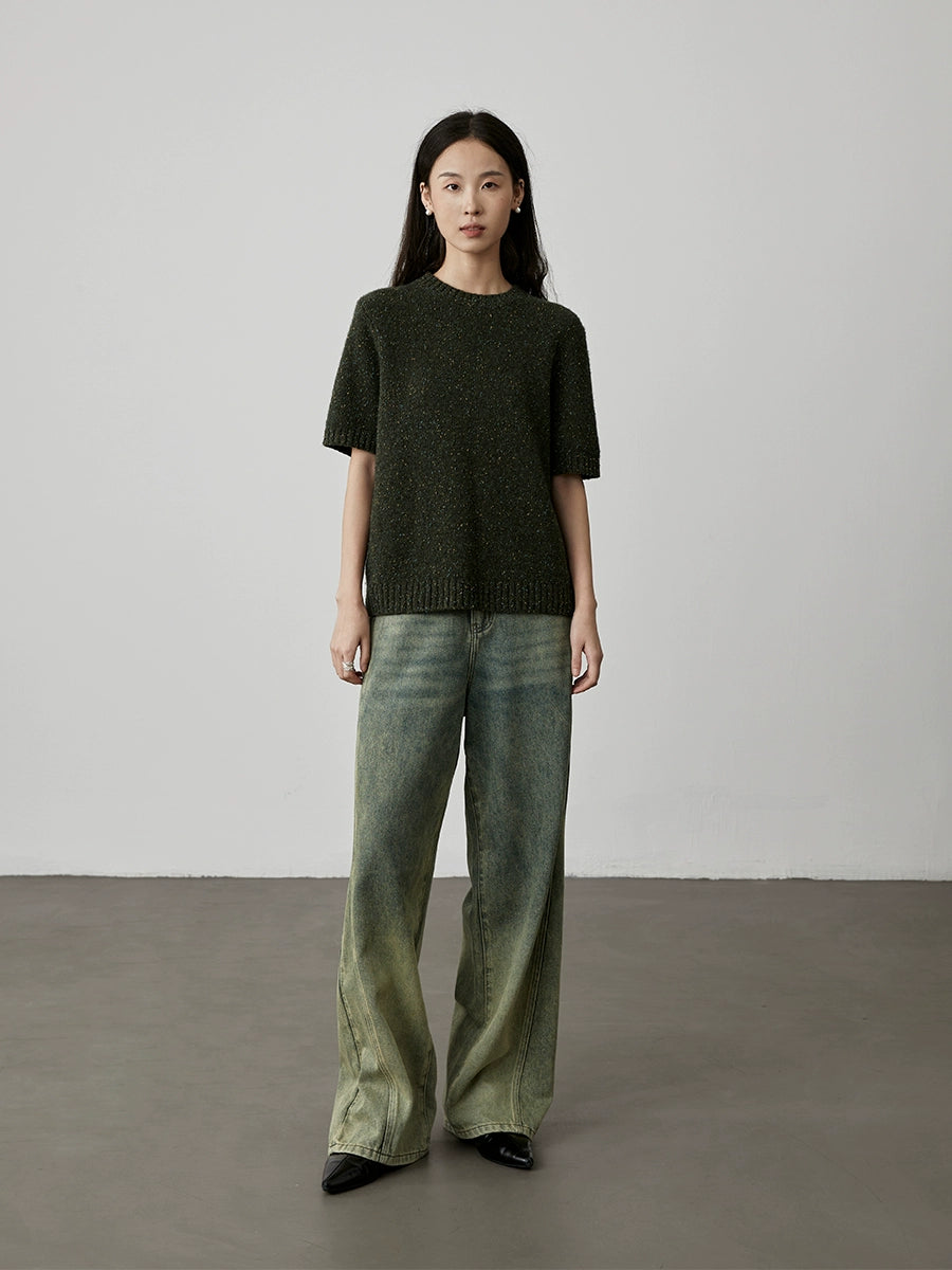 [Roomai Sweater] CAREMIND Color Dot Wool Yarn Short Sweater Basic Bottom Knitted Sweater Top