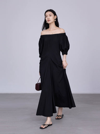 [Special Price] Black Round Neck Hot Light Dress Elastic Neck Shoulder Dress