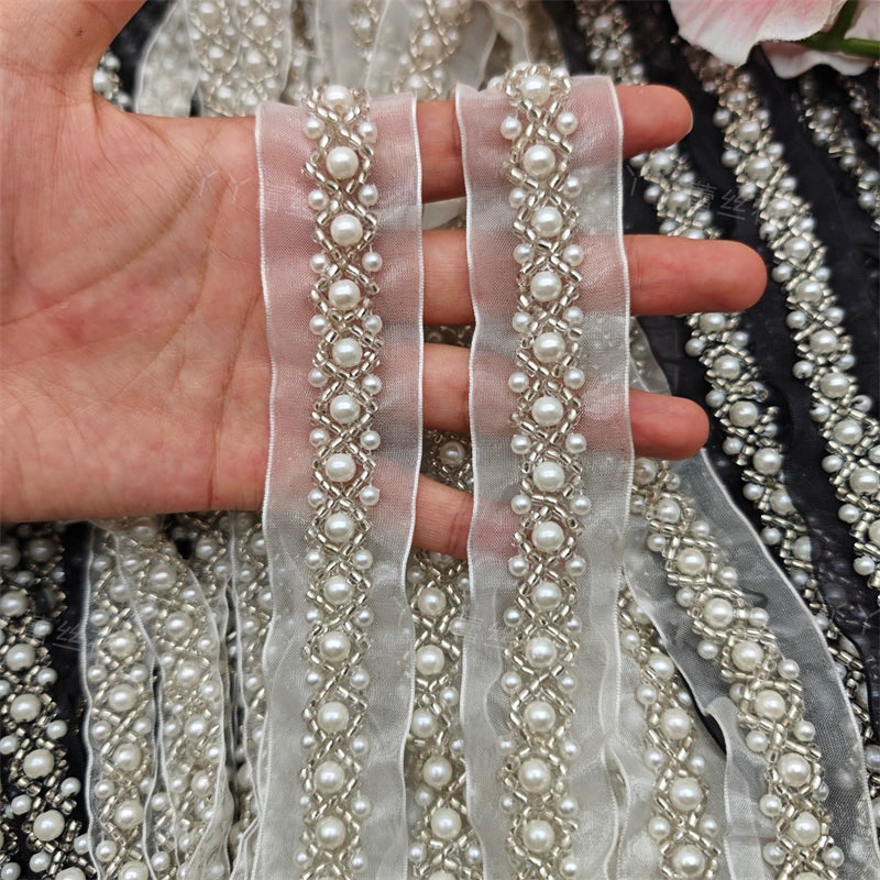3720 Accesorios de ropa con cuentas de perlas para la industria pesada, encaje de cuentas de malla, accesorios decorativos hechos a mano para cuellos de ropa DIY