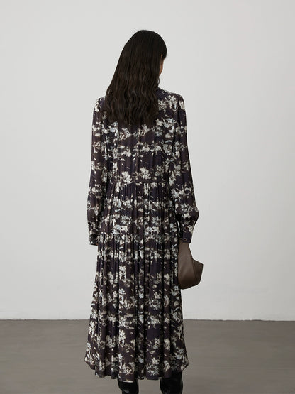 [Jardín nómada] Vestido de manga larga con cuello alto y estampado floral de CAREMIND para otoño e invierno, estilo coreano con falda larga 