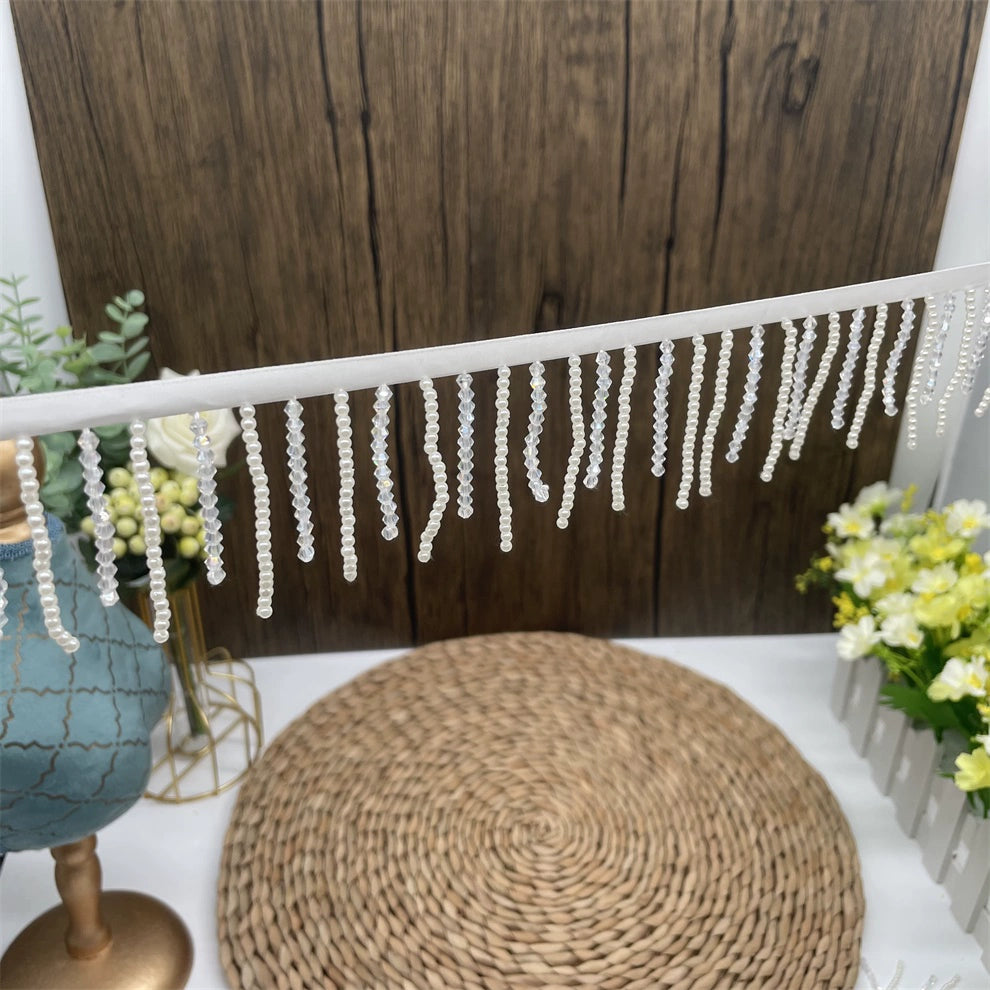 3687 Venta directa de fábrica de ropa de baile con borlas de cuentas hechas a mano de perla blanca de cristal de alta calidad, ropa de boda, bolsos, accesorios, encaje de cuentas